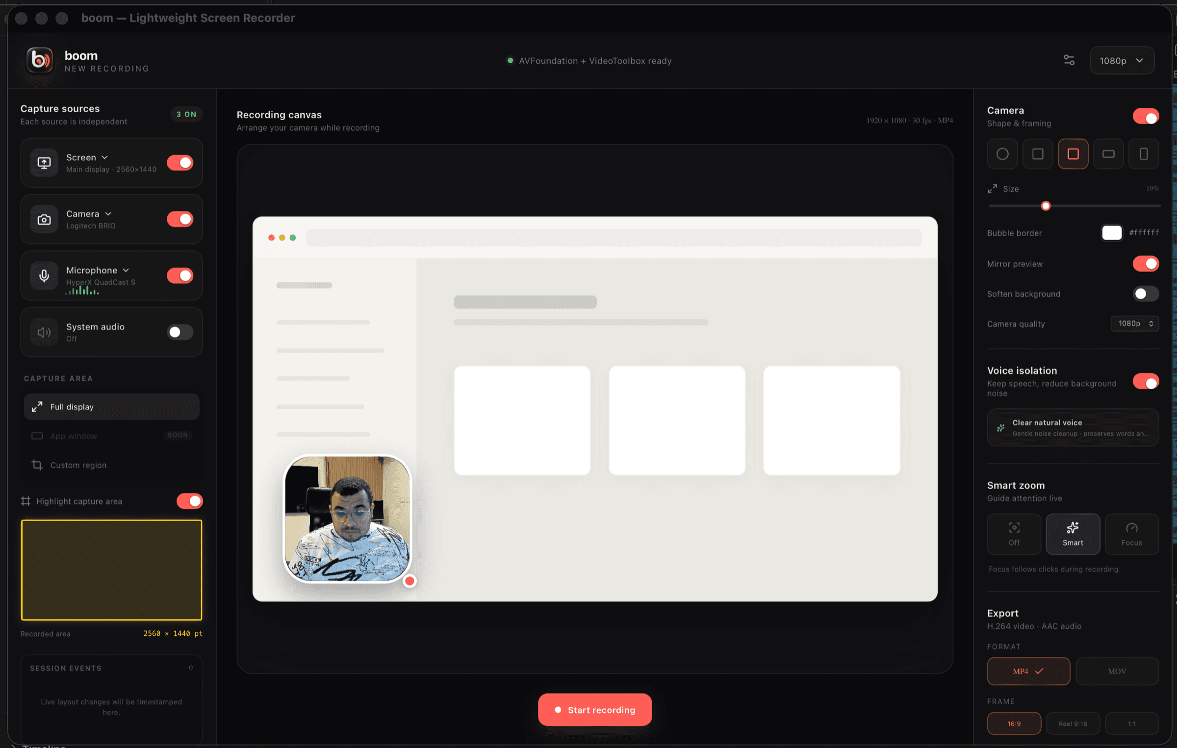 The boom app window: capture sources on the left, recording canvas with a live camera bubble in the centre, camera and voice inspector on the right.